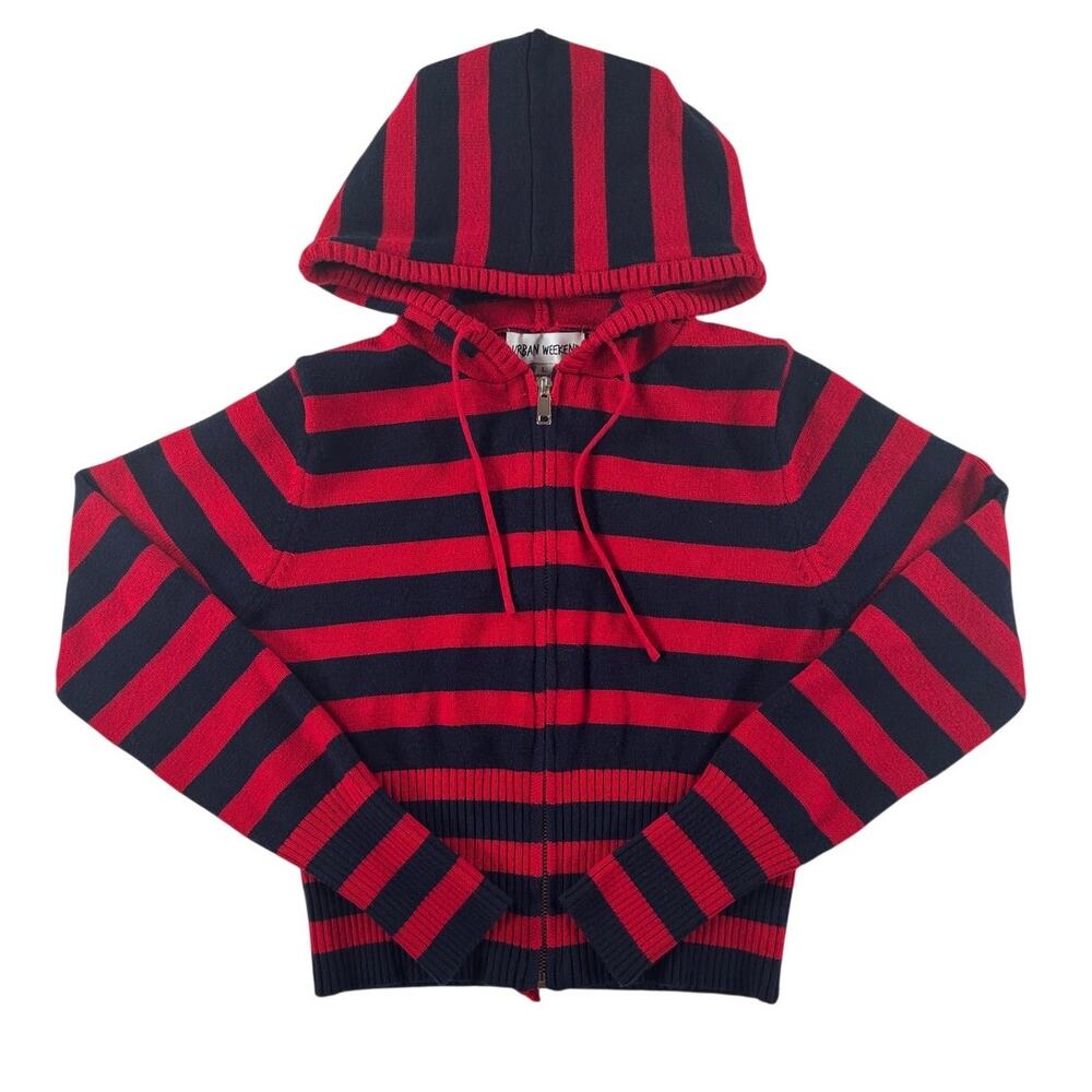 Urban Weekend Juniors Cropped Striped Knit Zip Up Jacket - Red Black - Large